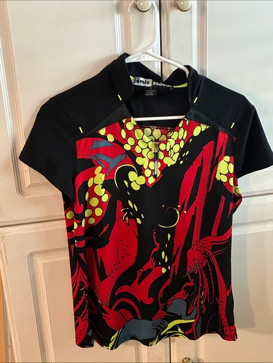 jamie sadock Tops - Jamie Sadock Black Golf Top with Red and Neon Yellow Abstract Print Golf, Size S